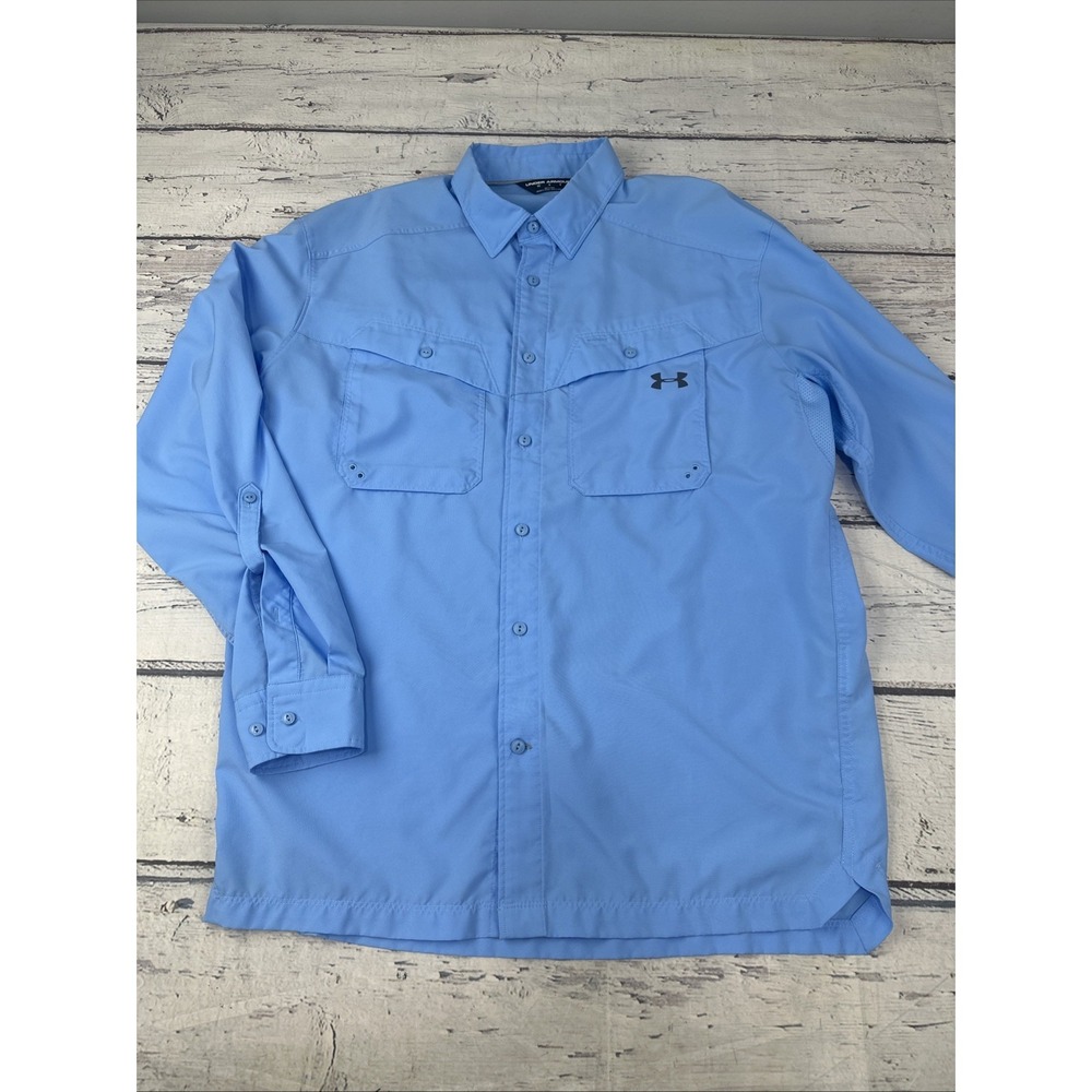 Under Armour Fishing Shirt Mens M Blue HeatGear Long Sleeve Button Down 1290744